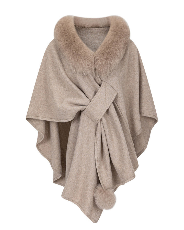 Women's Faux Fur Collar Wool Blend Poncho Cape
