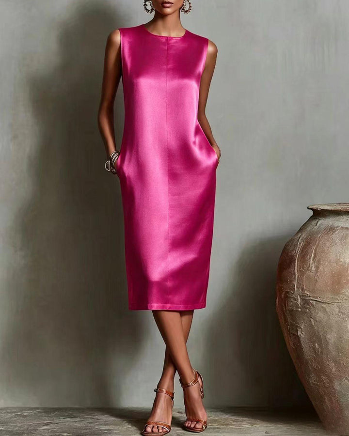 Silk Casual Solid Tailored Sleeveless Midi Dress