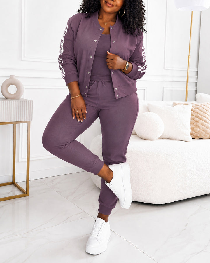 Women's 3 Piece Outfit Set Striped Sleeve Bomber Jacket Cami Top & Drawstring Jogger Pants Casual Tracksuit