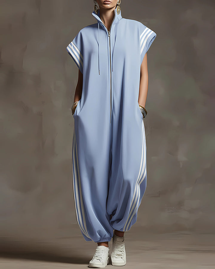 Contrast Color Pockets Split-Joint Striped Zipper Stand Collar Jumpsuits
