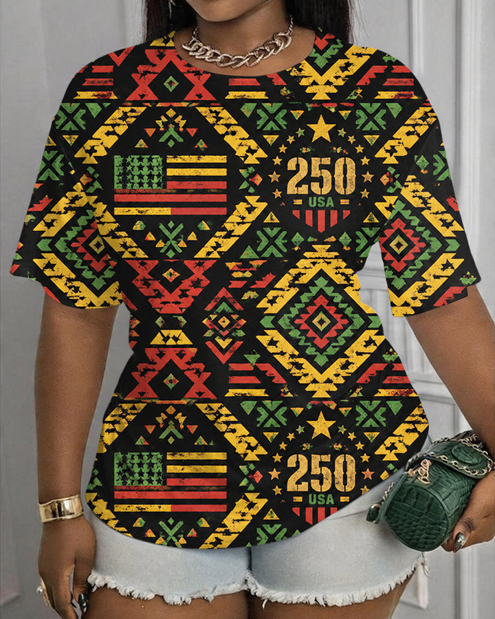 USA 250 Anniversary Reggae Color Ethnic Style Printed Round Neck Short Sleeve T-Shirt