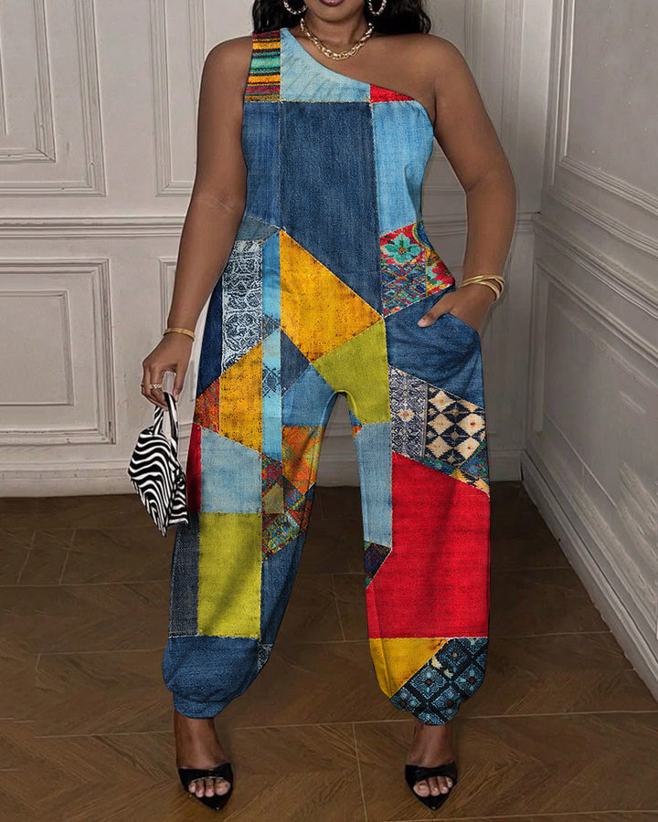 Denim Floral Patchwork Print One-shoulder Jumpsuit-- Not Faux Denim Fabric