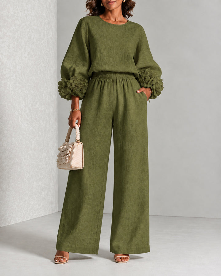 Women 3D Flower Cuff Top & Wide Leg Pants Matching Set Elegant 2 Piece Outfit