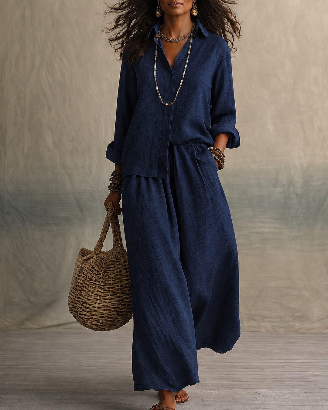 Linen‑Look Shirt & Wide‑Leg Maxi  Pants Two Piece Set
