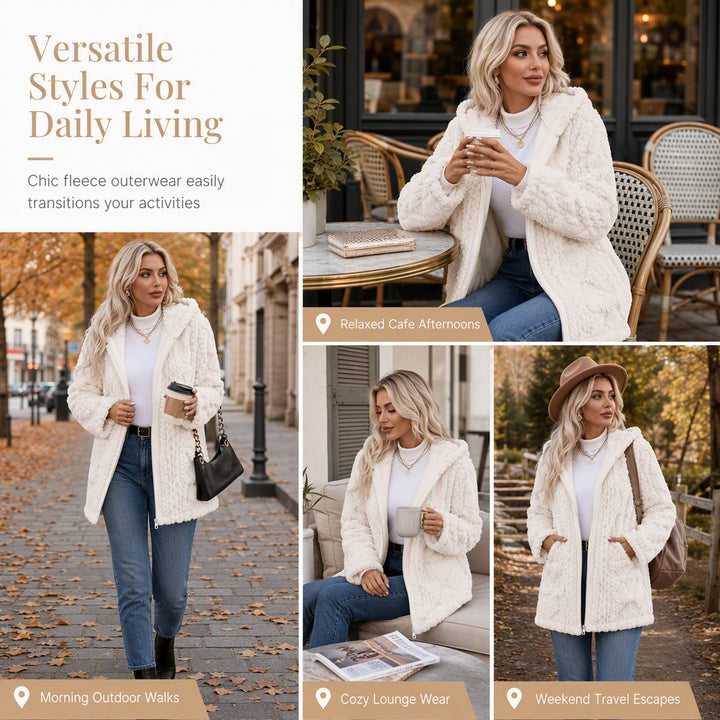 Women's Hooded Sherpa Fleece Full Zip Cable Textured Jacket