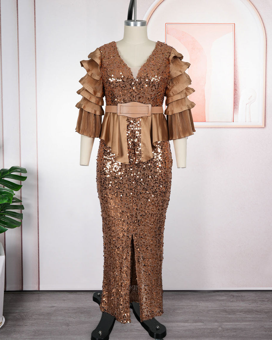 Plus Size Sequin Deep V Multi‑Layer Ruffle Sleeve Peplum Slit Maxi Evening Gown