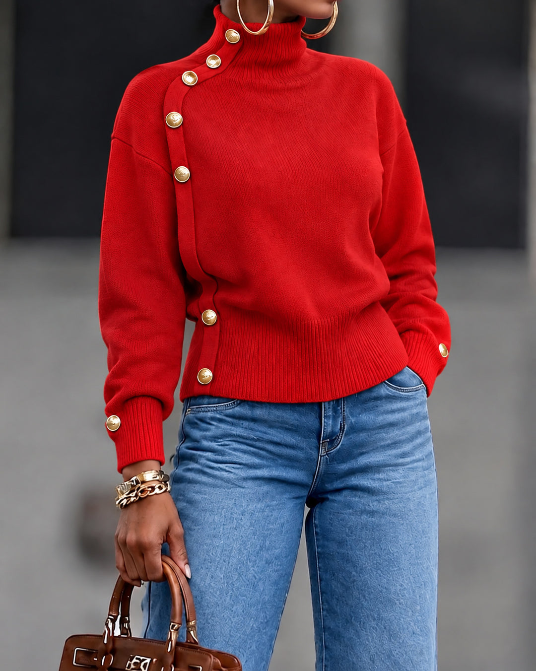 Women's Turtleneck Long Sleeve Asymmetrical Gold Button Knit Sweater
