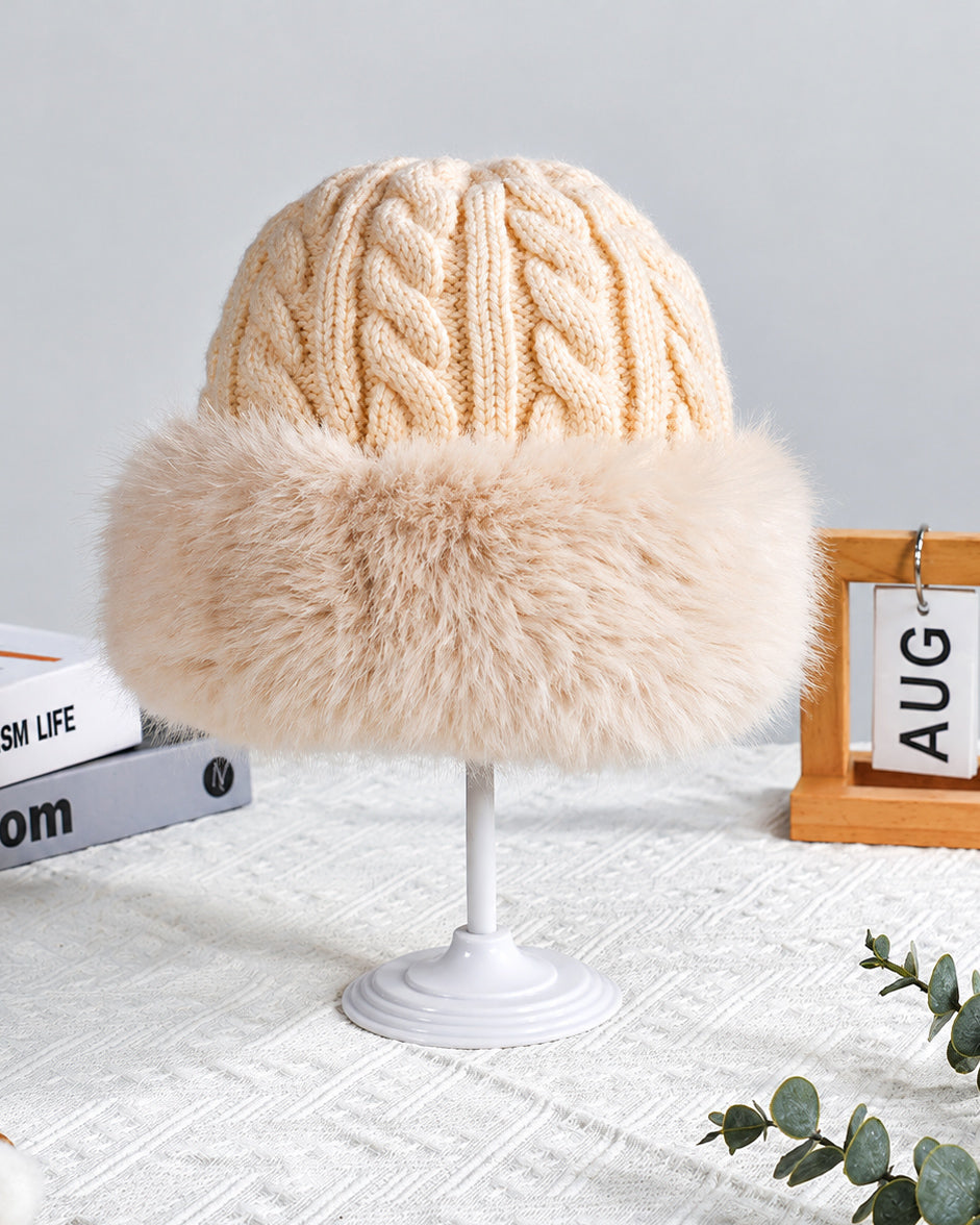 Women Cable Knit Beanie Hat with Wide Faux Fur Trim