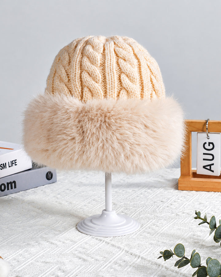 Women Cable Knit Beanie Hat with Wide Faux Fur Trim