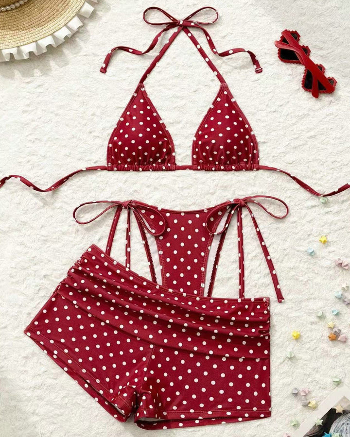 Polka Dot Halter Sexy Tie Detail 3-Piece Bikini Set