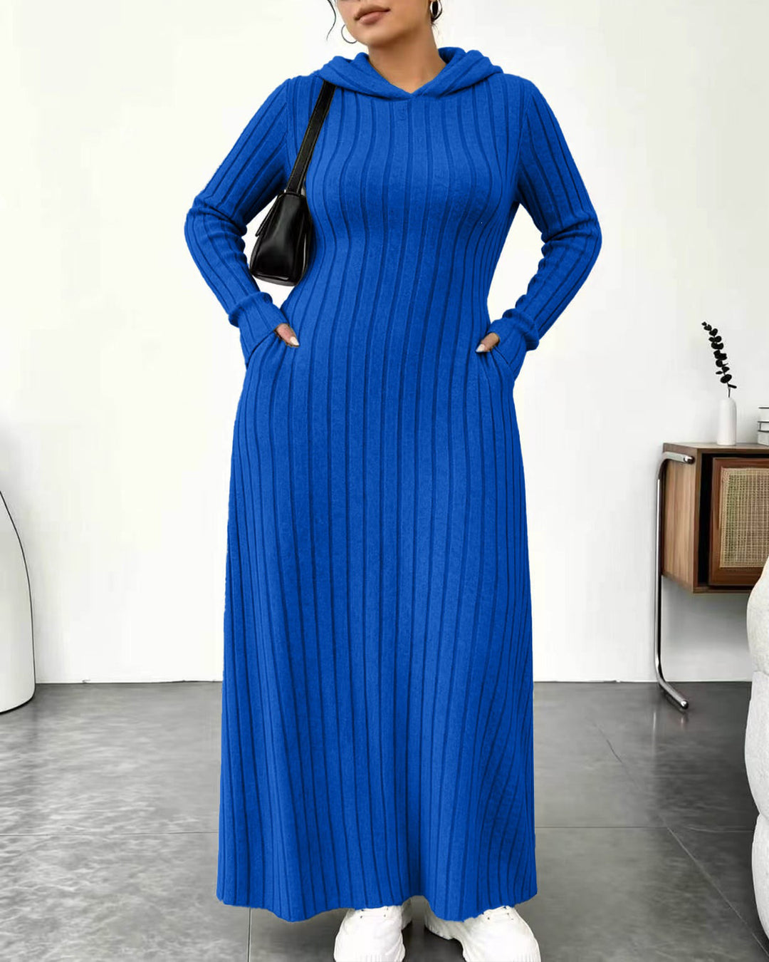 Plus Size Ribbed Hooded Pockets Maxi Dress