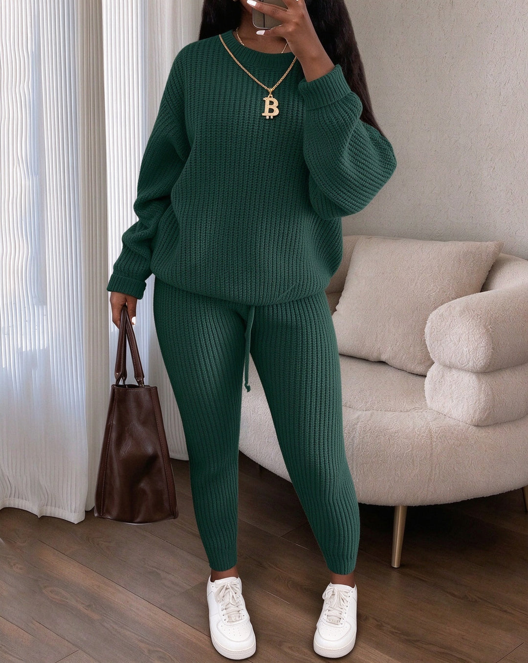 Women's Crew Neck Long Sleeve Oversized Ribbed Knit 2 Piece Outfit Set