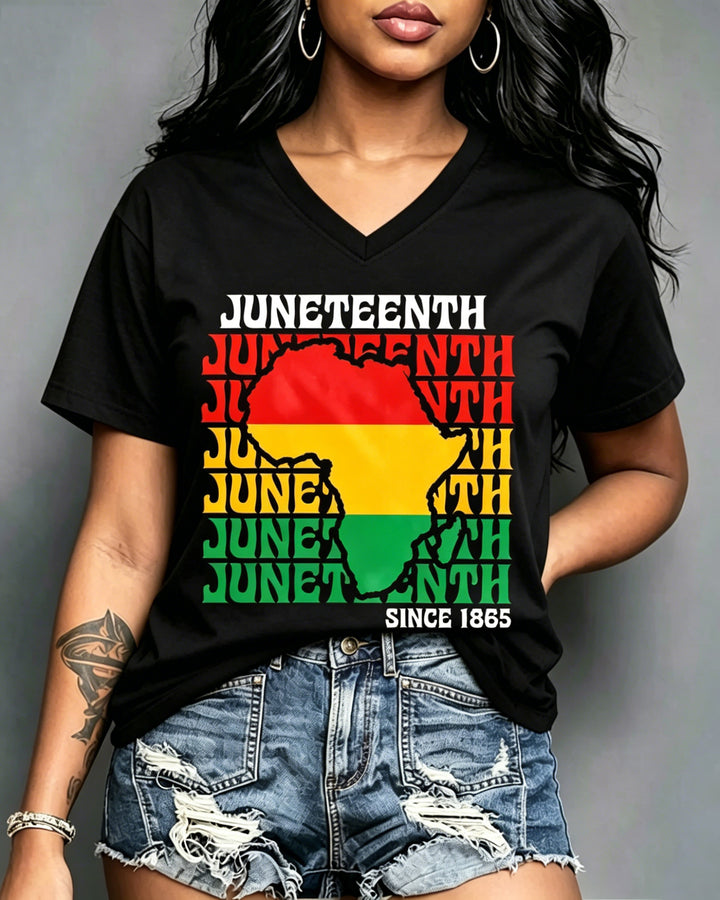 100% Cotton Juneteenth African Map V Neck Short Sleeve Tshirt