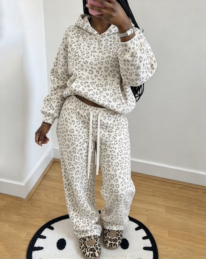 Retro Leopard-print Hooded Sweatshirt and Wide-leg Trousers Two-piece Set