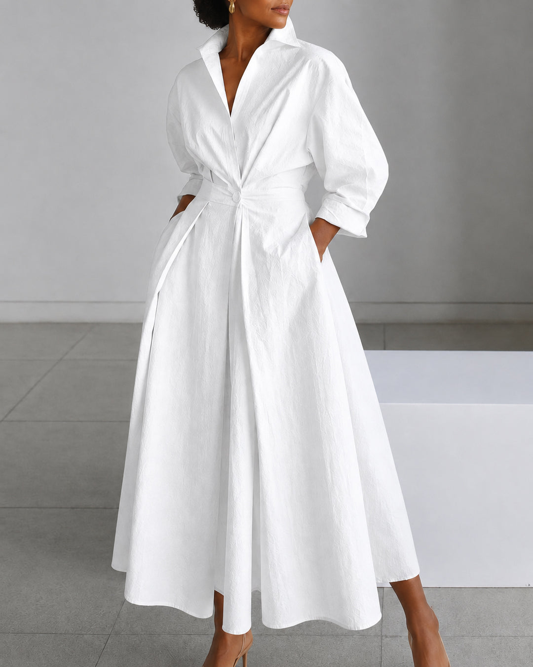 Women's Modest  Long Sleeve Pocket-Equipped Midi Dress