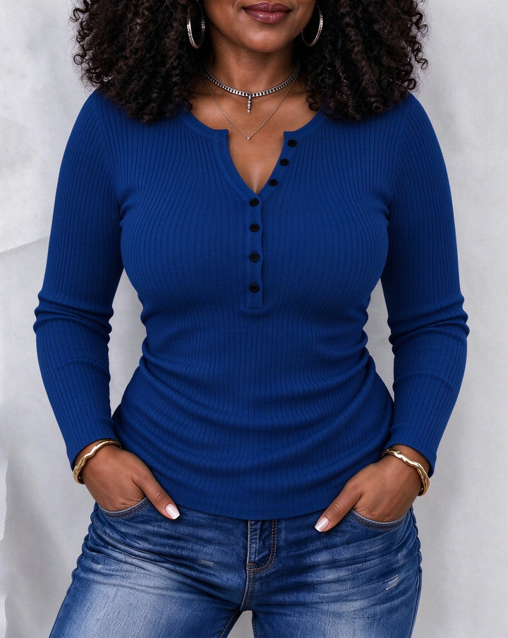 Women's Ribbed Long Sleeve Henley Top
