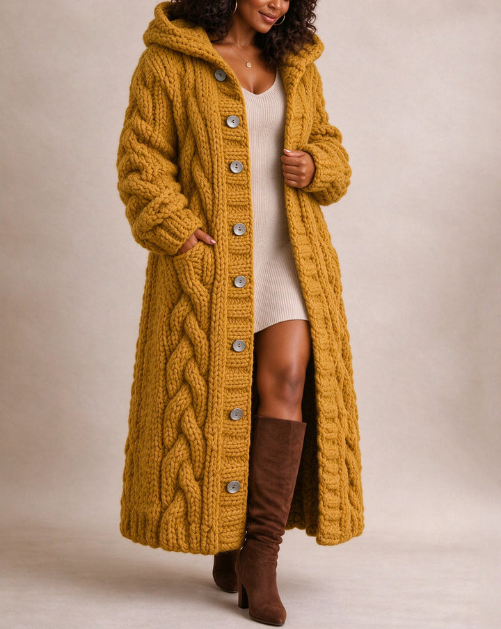 Women's Chunky Cable Knit Oversized Long Sleeve Button Down Hooded Cardigan