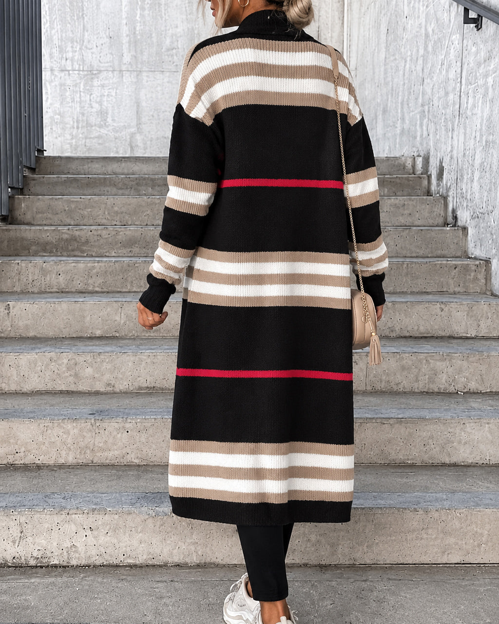 Color Block Striped Open Front Long Knit Cardigan