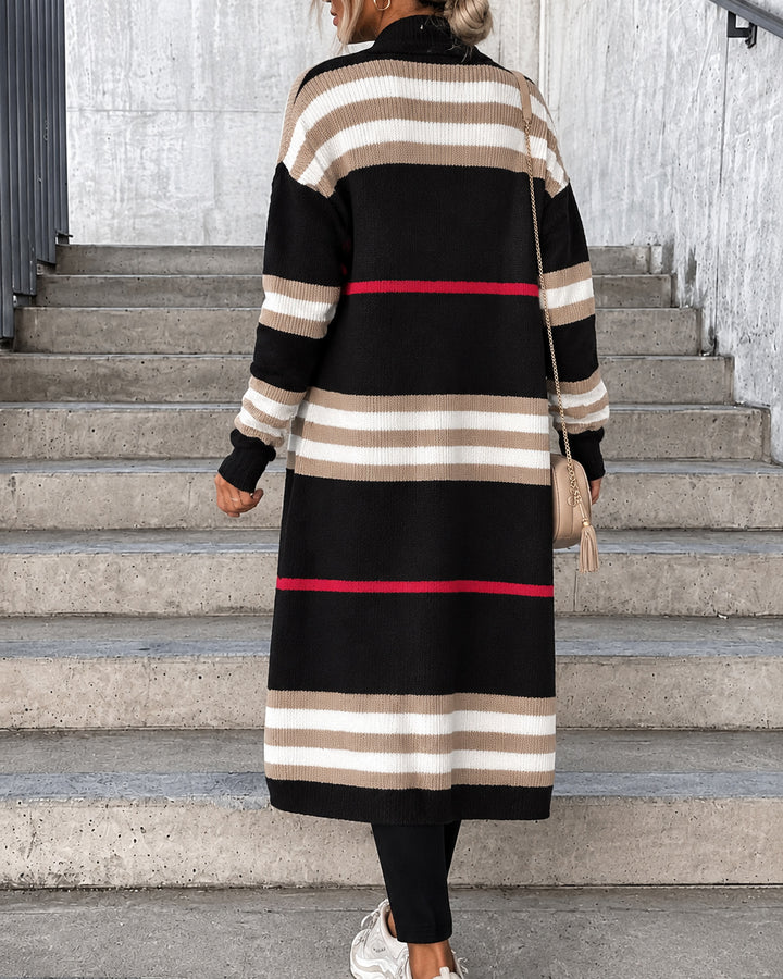 Color Block Striped Open Front Long Knit Cardigan