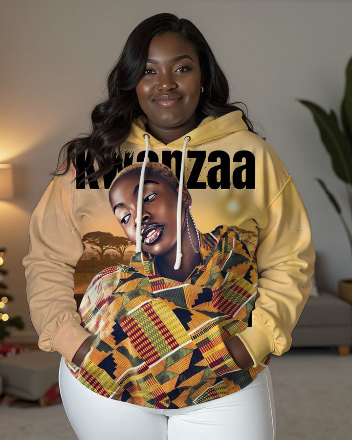 Women's Kwanzaa Black Girl Printed Long Sleeve Pocket Hoodie