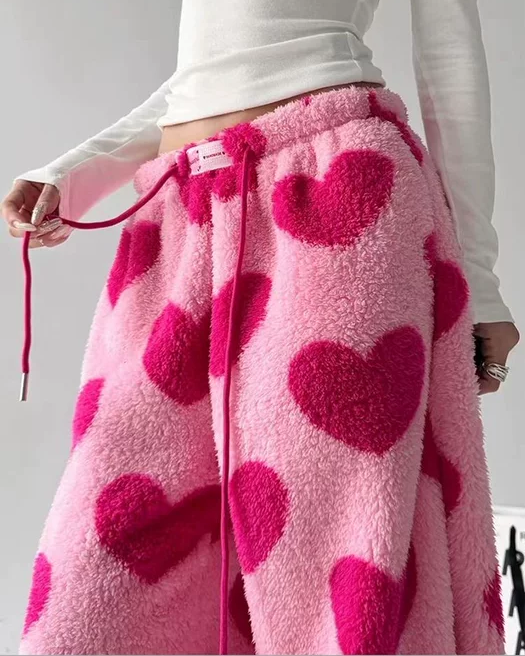 Love Lamb Fleece Casual Sports Straight Leg Pants Retro High Waist Wide Leg Pants