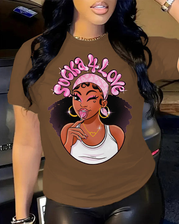 Sweet Balck Girl Cartoon Crew Neck Short Sleeve Cotton T-Shirt