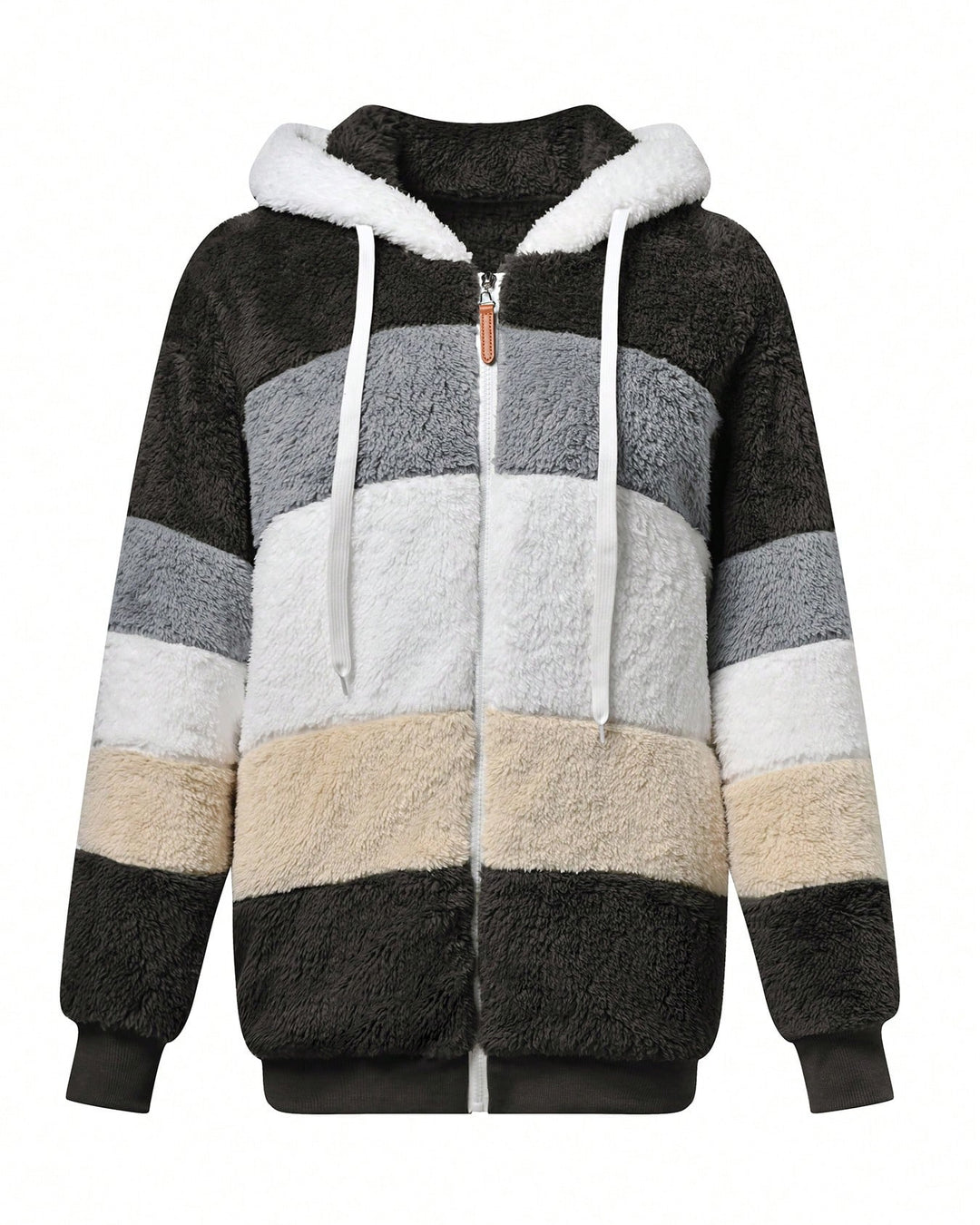 Women Loose Fluffy Colorblock Hooded Coat