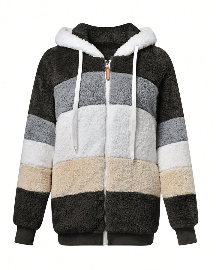 Women Loose Fluffy Colorblock Hooded Coat