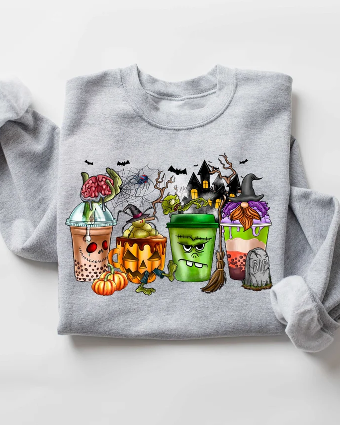 Halloween Gnomes Coffee Cup Cotton Long Sleeve Sweatshirt
