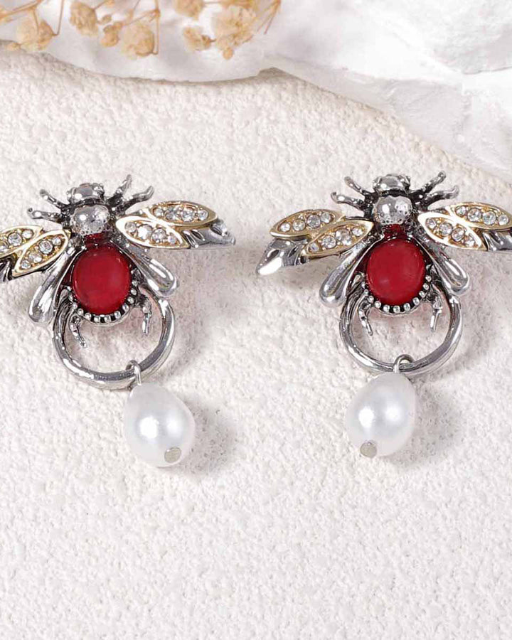 Teardrop Pearl Diamond Bee Earrings