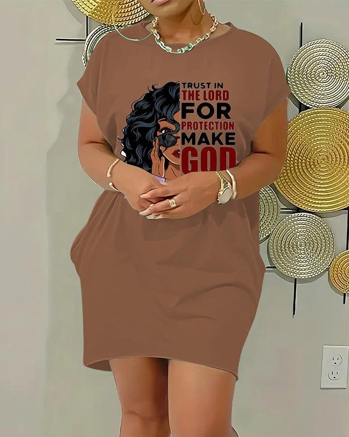 Crewneck Raglan-Sleeve Pocket Dress with Cartoon and Letter Prints