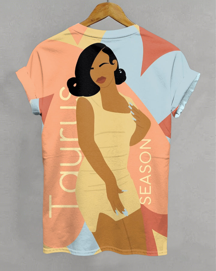 Taurus Cartoon Illustrations Print Crew Neck Short Sleeve Tshirt