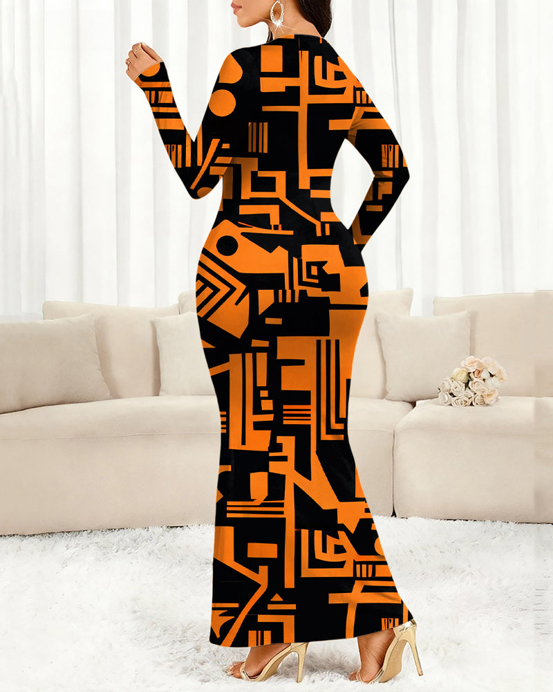 Orange Totem Stripes Round Neck Long Sleeve Bodycon Dress