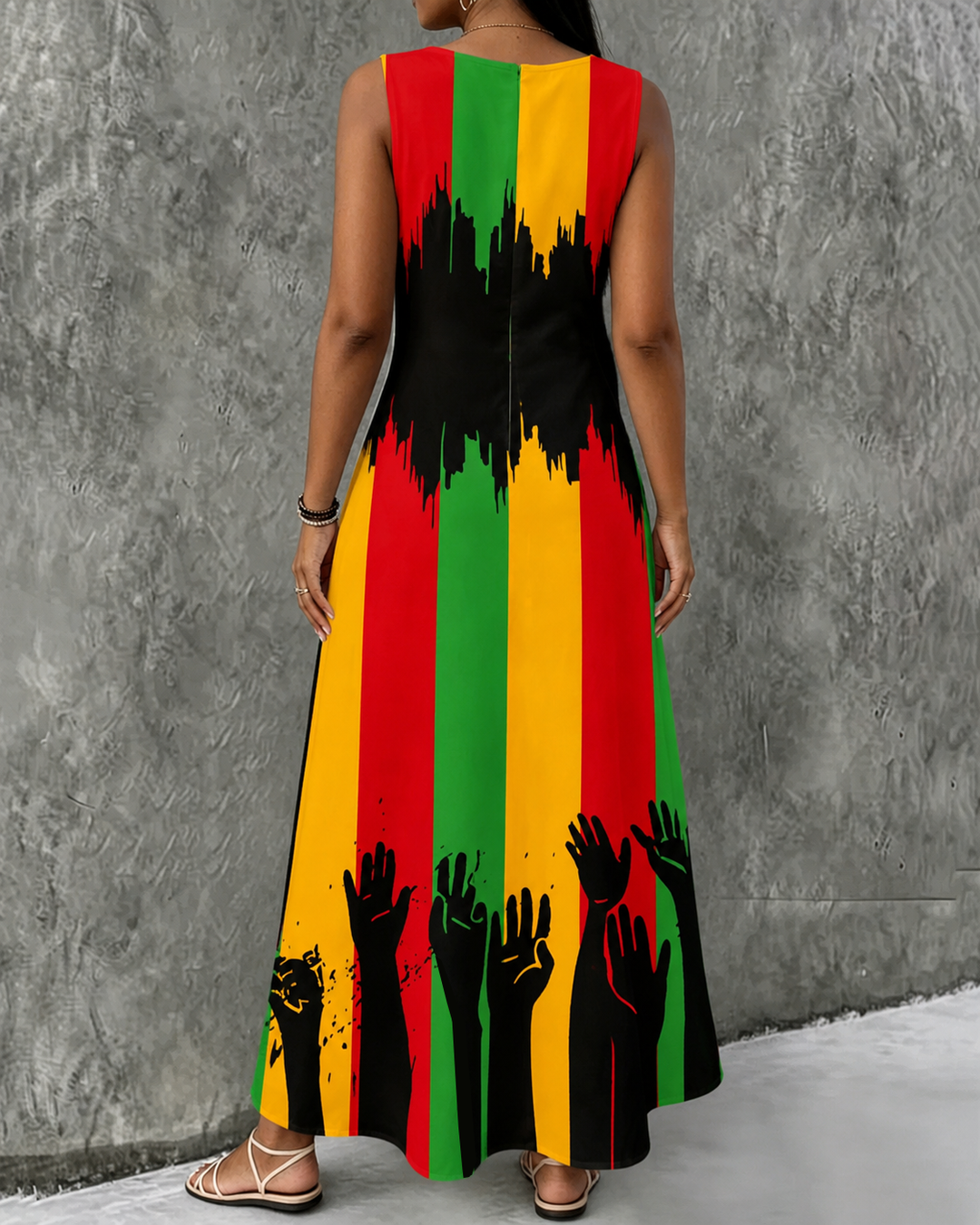 Graffiti Color Blocking Celebrates Juneteenth Round Neck Pocket Casual Dress
