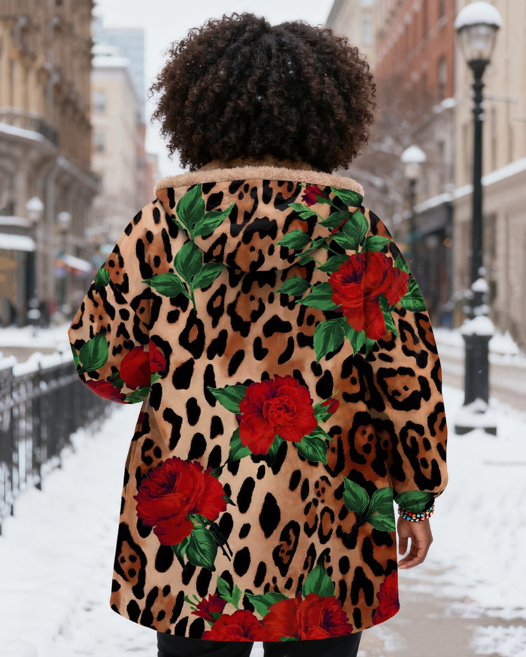Leopard Print Rose Print Long Sleeve Zip-Up Fleece Long Hoodies