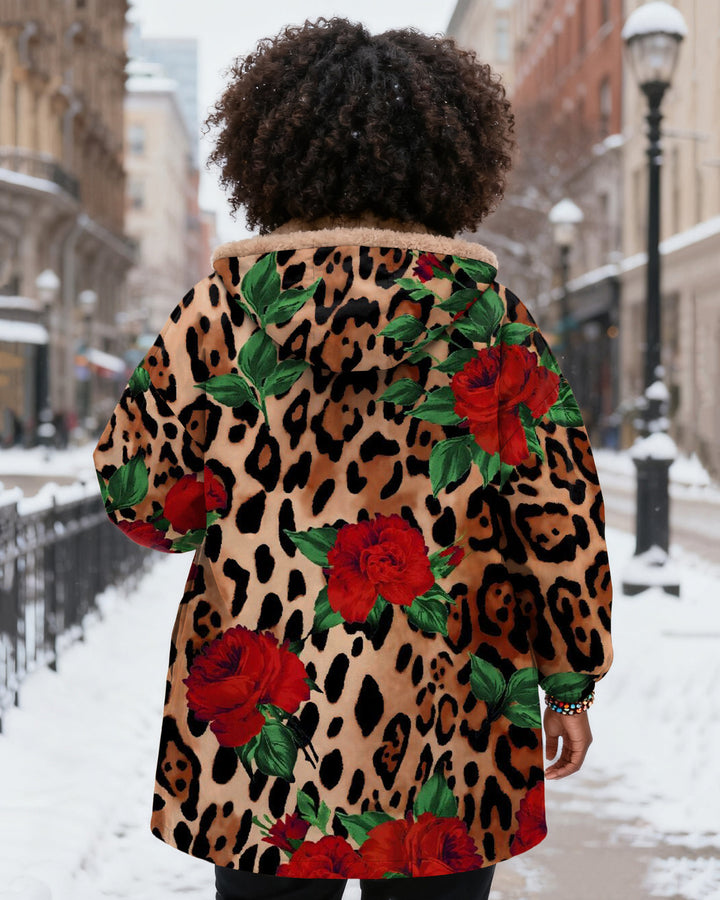 Leopard Print Rose Print Long Sleeve Zip-Up Fleece Long Hoodies