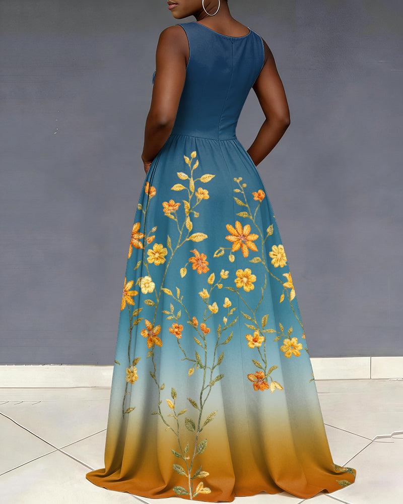 V Neck Gradient Flower Print Sleeveless Pocket Maxi Dress