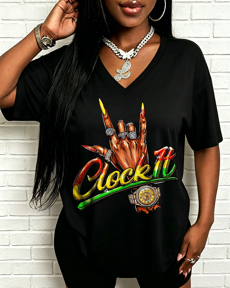 100% Cotton Juneteenth Clock It Hand V Neck Short Sleeve Tshirt