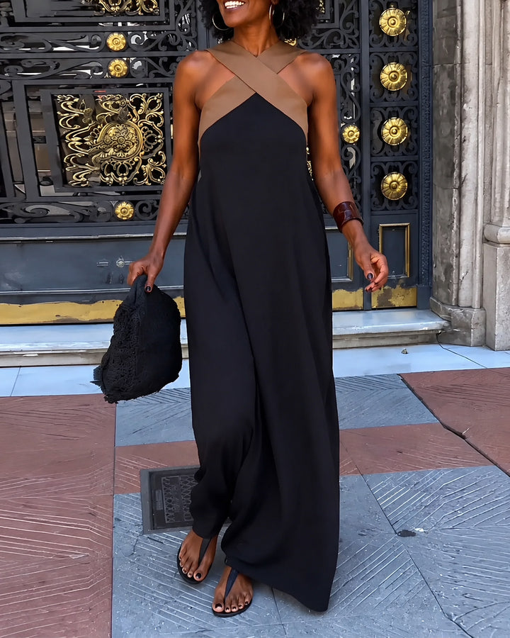 Cross-cut Backless Contrast Color Elegant Dress