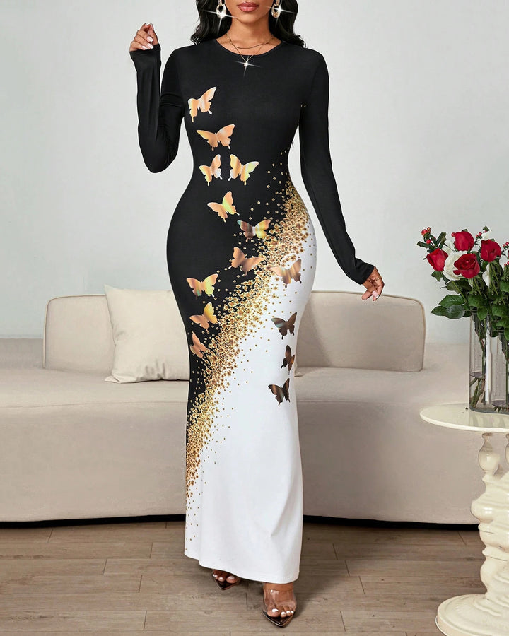 Butterfly Sparkling Black And White Patchwork Round Neck Long Sleeve Bodycon Dress