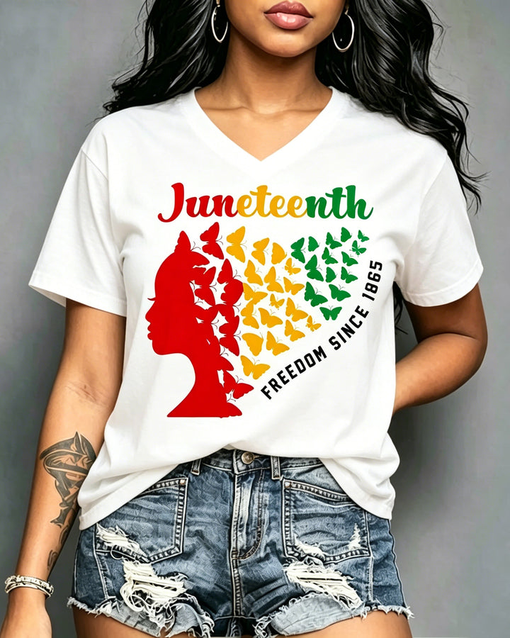 100% Cotton Juneteenth Black Women Freedom Since 1865 V Neck Short Sleeve Tshirt