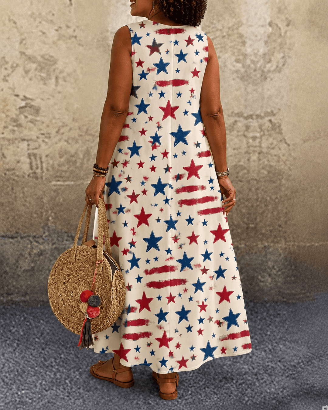 Colorful Little Star Print Round Neck Pocket Casual Dress