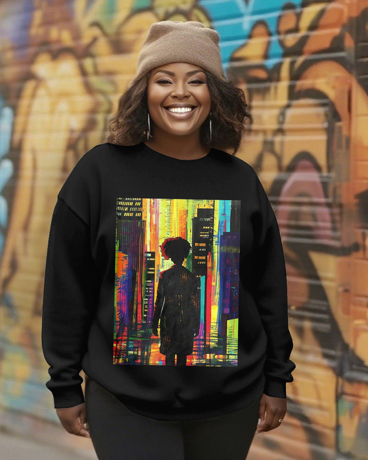 Afro Glitch City Journal Crewneck Long Sleeve Sweatshirt