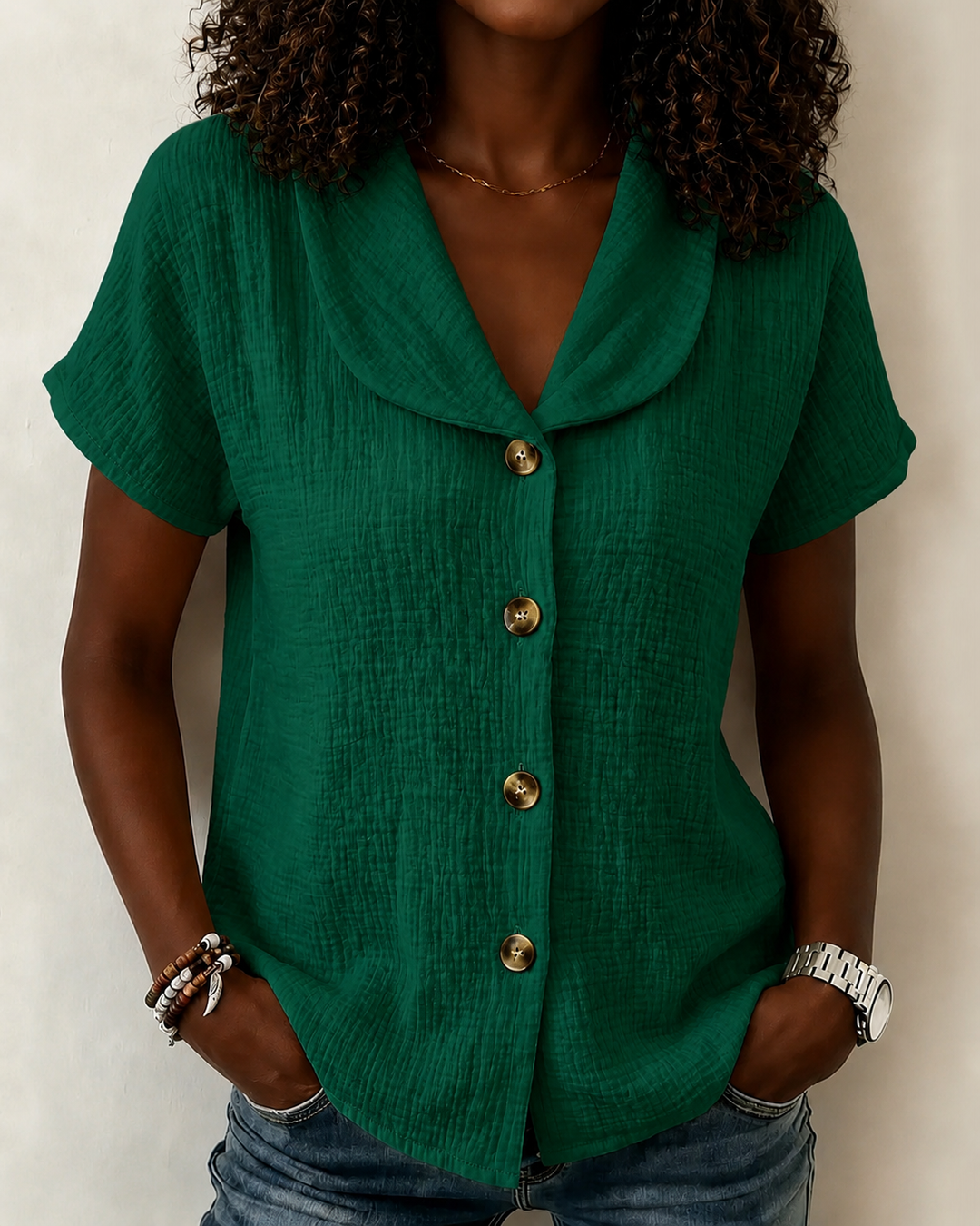 Simple Doll Collar Button Down Short Sleeve Cotton Linen Shirt