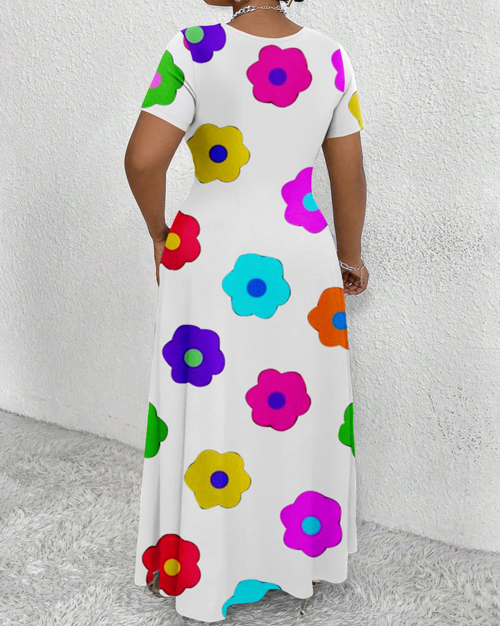 Graffiti Rainbow Flowers Round Neck Short Sleeve Maxi Dress