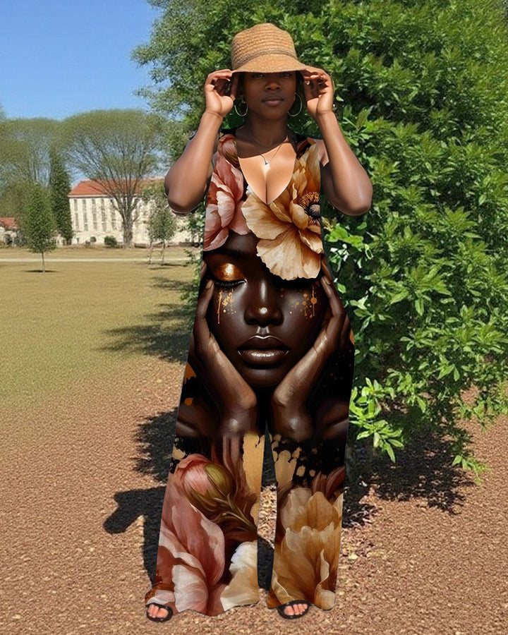 Black Woman with Flowers V-Neck Hooded Sleeveless Jumpsuit