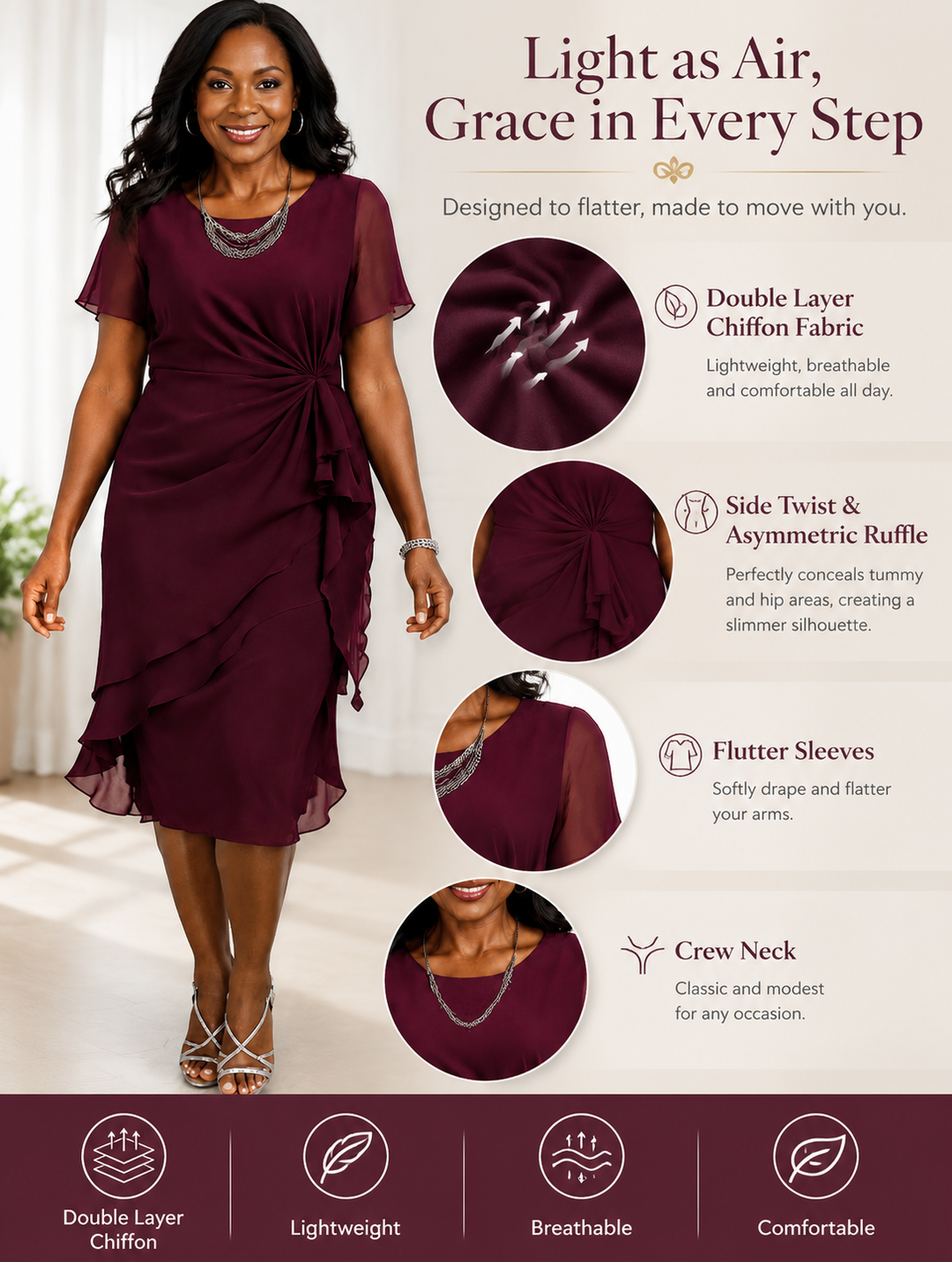 Spliced chiffon Short-Sleeve Fitted-Waist Solid Midi Dress