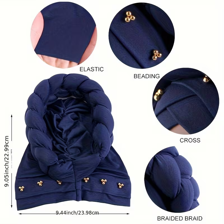 Golden Beaded 3D Oversized Twist Headscarf Beanie with Braid Accents