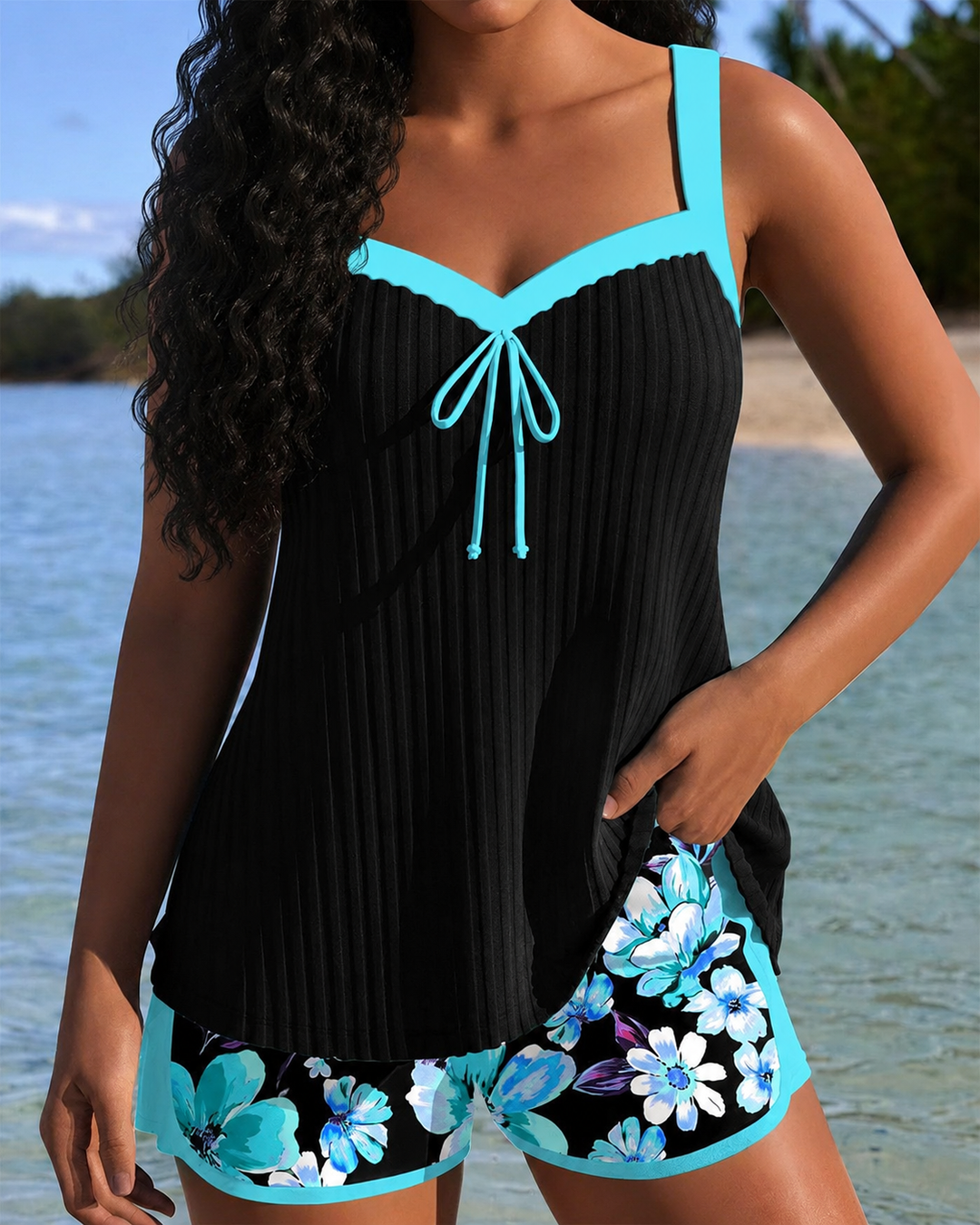 Bohemian Floral Ribbed Stretch Short Bikini Set