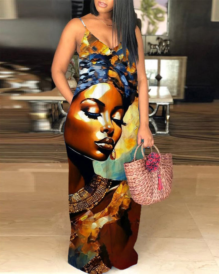 Art Portrait Oil Painting Print V-Neck Pocket Cami Dress